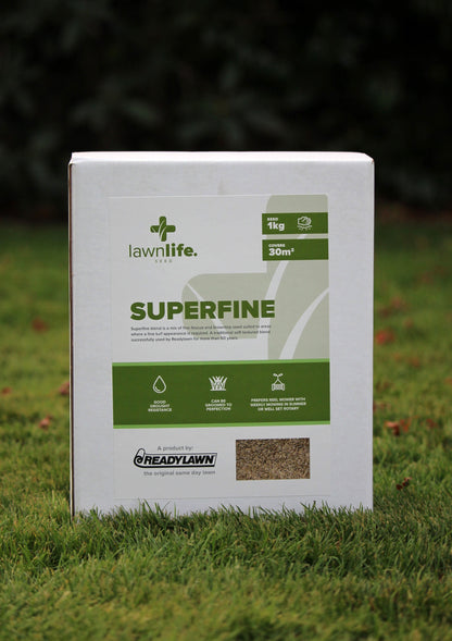 Lawnlife Seed Superfine packaging on grass